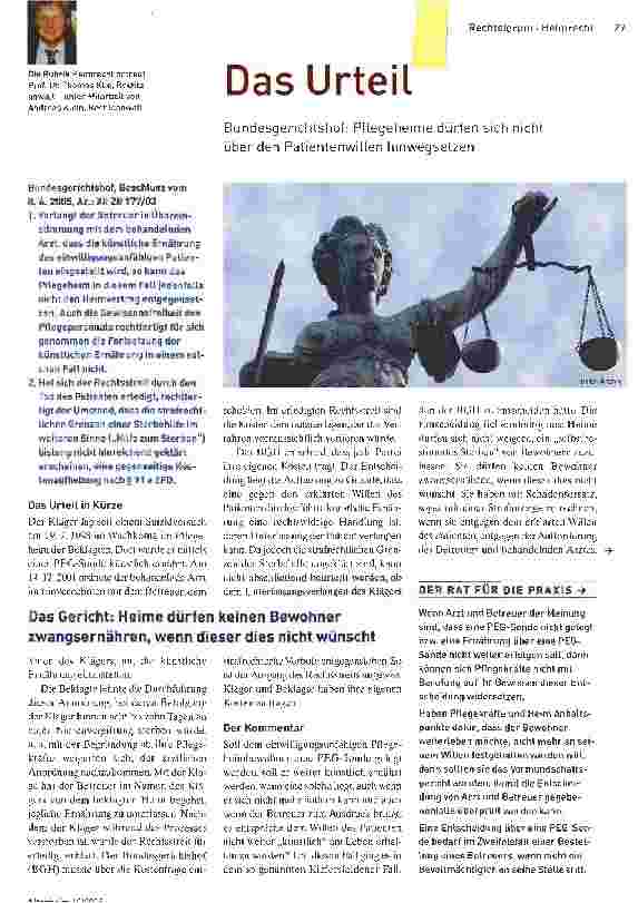 Vorschauseite 1: Das UrteilBundesgerichtshof: Pflegeheime dürfen sich nicht über den Patientenwillen hinwegsetzen