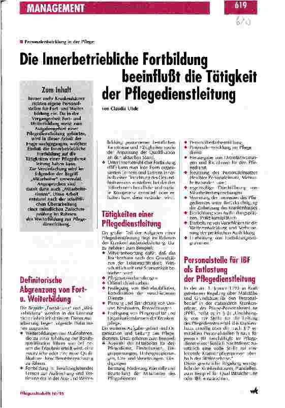 Vorschauseite 1: Die innerbetriebliche Fortbildung beeinflußt die Tätigkeit der Pflegedienstleitung Personalentwicklung in der Pflege