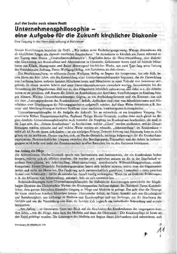 Vorschauseite 1: Unternehmensphilosophie - eine Aufgabe für die Zukunft kirchlicher Diakonie Auf der Suche nach einem Profil