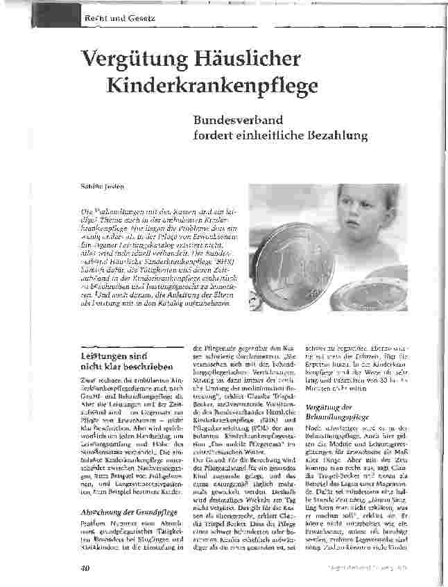 Vorschauseite 1: Vergütung Häuslicher KinderkrankenpflegeBundesverband fordert einheitliche Bezahlung