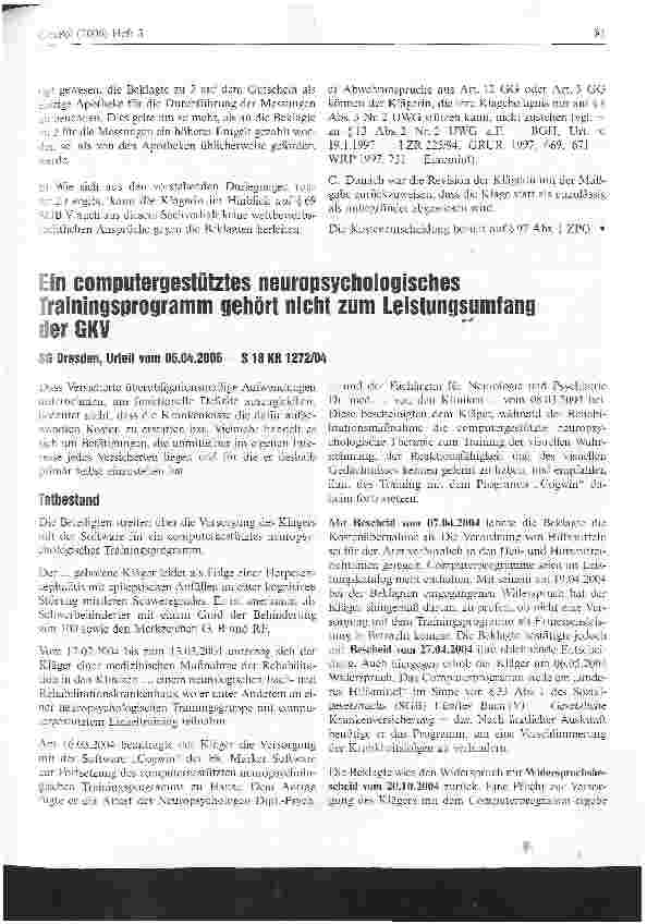 Vorschauseite 1: Ein computergestütztes neuropsychologisches Trainingsprogramm gehört nicht zum Leistungsumfang der GKV