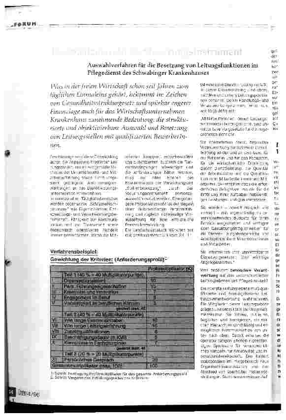 Vorschauseite 1: Personalauswahl als Steuerungsinstrument Auswahlverfahren für die Besetzung von Leitungsfunktionen im Pflegedienst des Schwabinger Krankenhauses