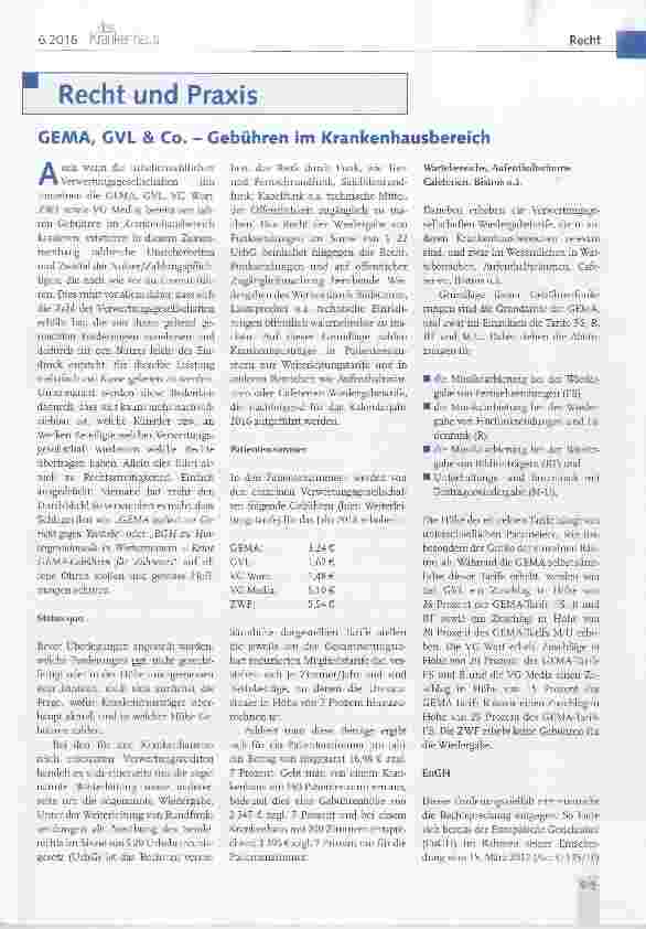 Vorschauseite 1: GEMA, GVL & Co. - Gebühren im Krankenhausbereich