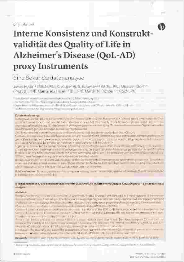 Vorschauseite 1: Interne Konsistenz und Konstrukt-validität des Quality of Life in Alzheimers Disease (QpL-AD) proxy Instruments