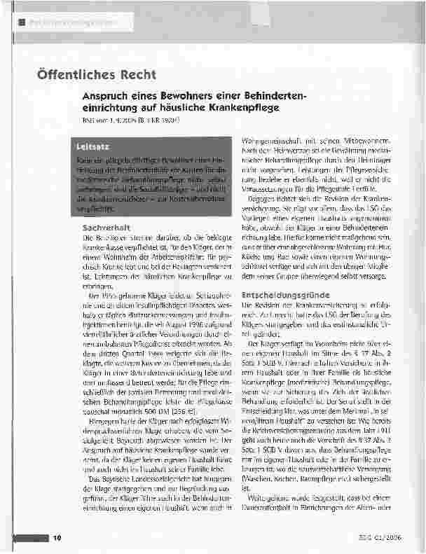 Vorschauseite 1: Anspruch eines Bewohners einer Behinderteneinrichtung auf häusliche Krankenpflege