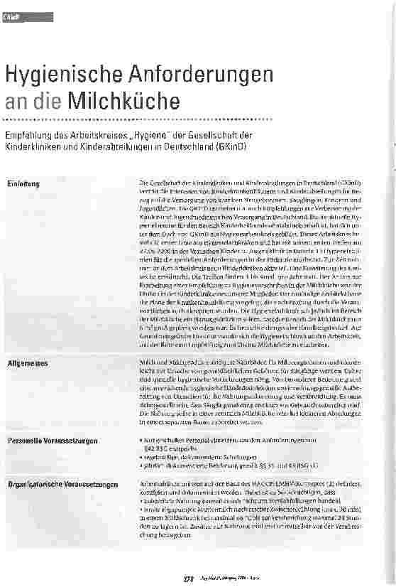 Vorschauseite 1: Hygienische Anforderungen an die MilchkücheEmpfehlung des Arbeitskreises Hygiene der Gesellschaft der Kinderkliniken und Kinderabteilungen in Deutschland (GKinD)