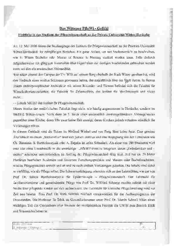 Vorschauseite 1: Das Wittener PfleWi - Gefühl Einblicke in das Studium der Pflegewissenschaft an der Private Universität Witten/Herdecke