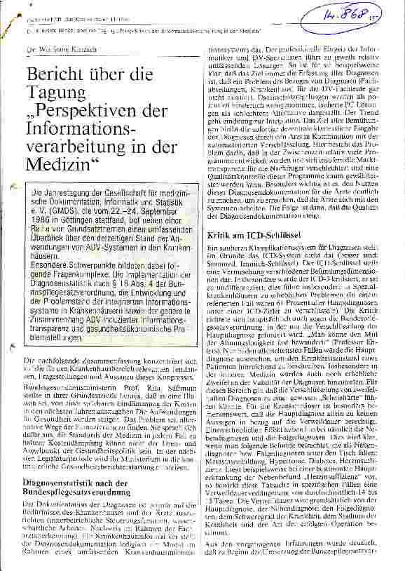 Vorschauseite 1: Bericht über die Tagung Perspektiven der Informationsverarbeitung in der Medizin