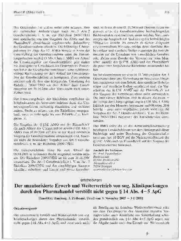Vorschauseite 1: Der unautorisierte Erwerb und Weitervertrieb von sog. Klinikpackungen durch den Pharmahandel verstößt nicht gegen § 14 Abs. 4-5 ApG
