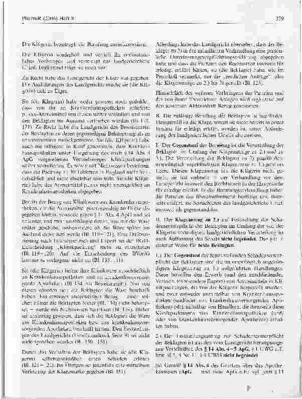 Vorschauseite 5: Der unautorisierte Erwerb und Weitervertrieb von sog. Klinikpackungen durch den Pharmahandel verstößt nicht gegen § 14 Abs. 4-5 ApG