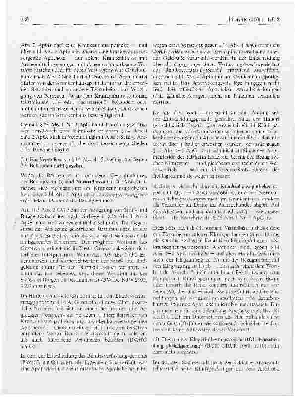 Vorschauseite 6: Der unautorisierte Erwerb und Weitervertrieb von sog. Klinikpackungen durch den Pharmahandel verstößt nicht gegen § 14 Abs. 4-5 ApG