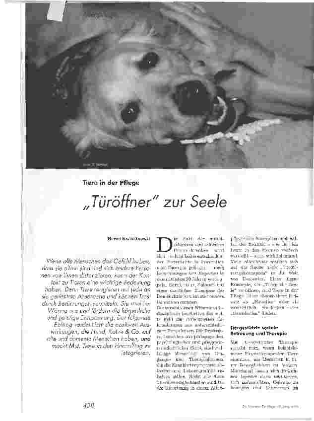 Vorschauseite 1: Türöffner zur SeeleWenn alte Menschen das Gefühl haben, dass sie allein sind und sich andere Personen von ihnen distanzieren, kann der Kontakt zu Tieren eine wichtige Bedeutung ha…