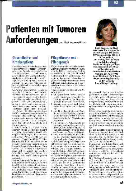 Vorschauseite 2: Die Betreuung von Patienten mit Tumoren stellt spezielle Anforderungen Ein Pflegekonzept wird in die Praxis umgesetzt - Teil 1