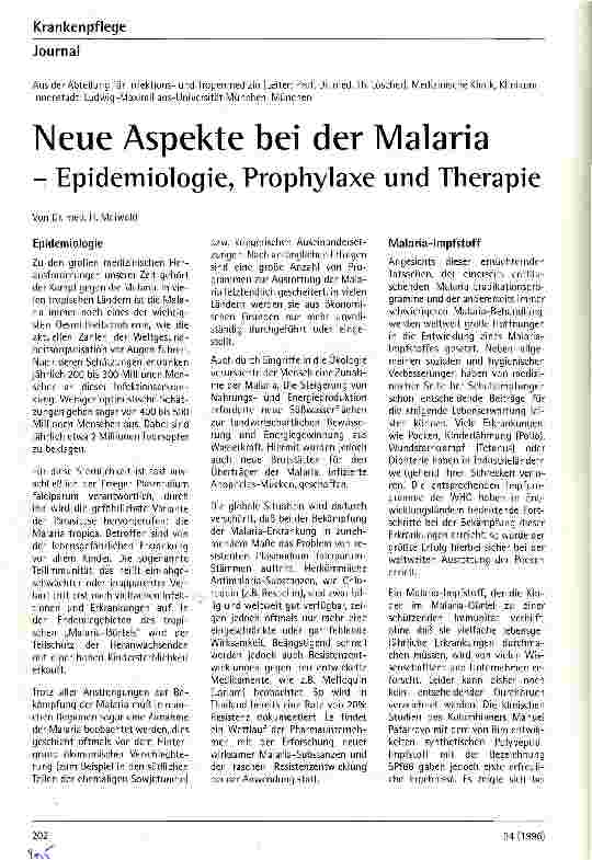 Vorschauseite 1: Neue Aspekte bei der Malaria - Epidemiologie, Prophylaxe und Therapie
