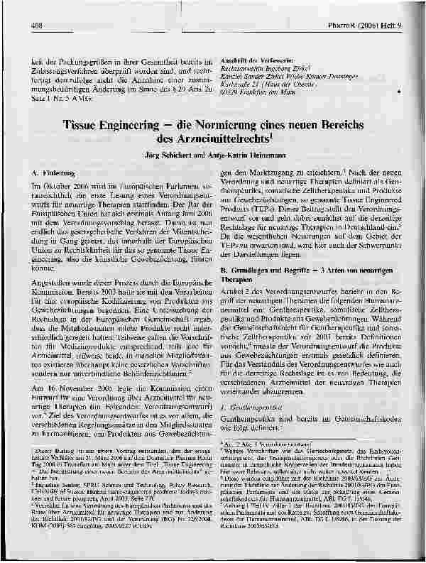 Vorschauseite 1: Tissue Engineering - die Normierung eines neuen Bereichsdes Arzneimittelrechts