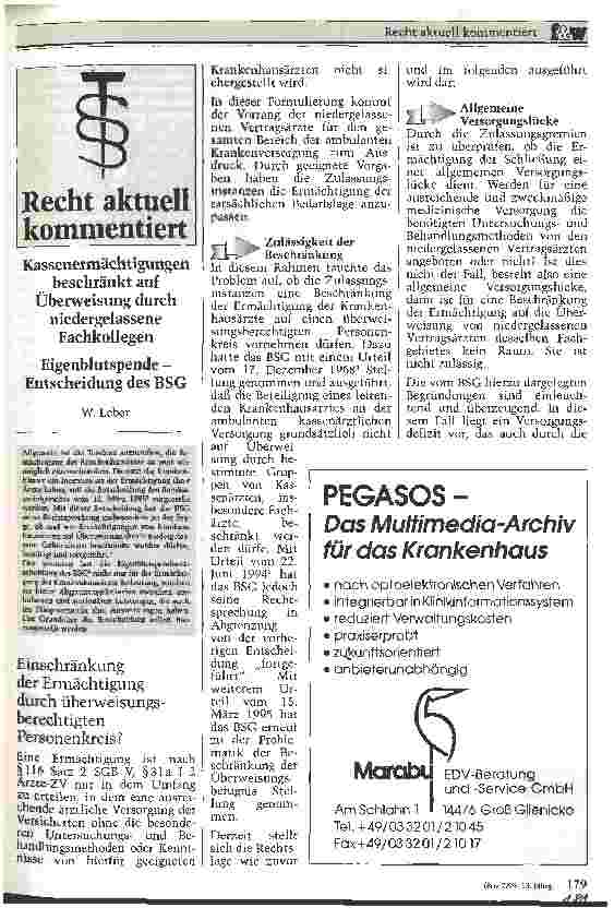 Vorschauseite 1: Kassenermächtigungen beschränkt auf Überweisung durch niedergelassene Fachkollegen Eigenblutspende - Entscheidung des BSG