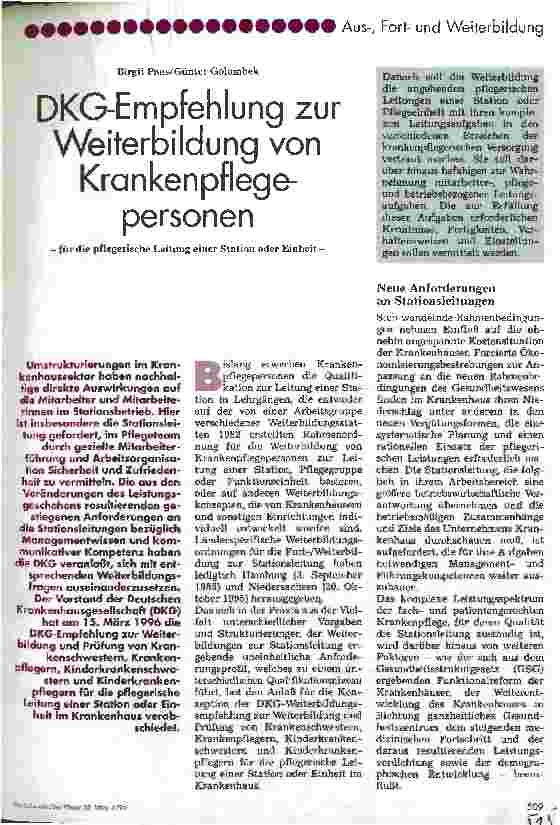 Vorschauseite 1: DKG-Empfehlung zur Weiterbildung von Krankenpflegepersonen für die pflegerische Leitung einer Station oder Einheit