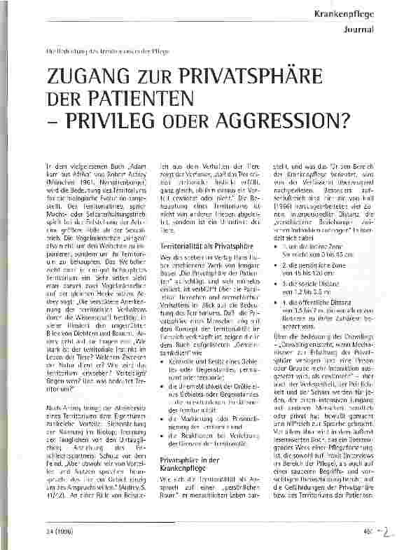 Vorschauseite 1: Zugang zur Privatsphäre der Patienten - Privileg oder Aggression? Die Bedeutung des Territoriums in der Pflege