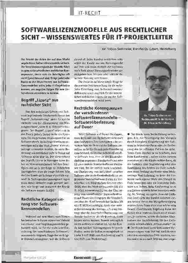 Vorschauseite 1: SOFTWARELIZENZMODELLE AUS RECHTLICHER SICHT-WISSENSWERTES FÜR IT-PROJEKTLEITER