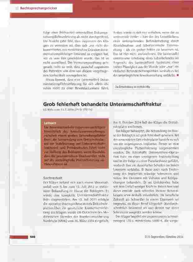 Vorschauseite 1: Grob fehlerhaft behandelte Unterarmschaftfraktur LG Köln vom 13.7.2016 (25 0 177/14)