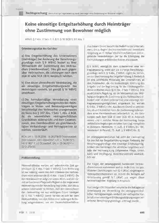 Vorschauseite 1: Keine einseitige Entgelterhöhung durch Heimträger ohne Zustimmung von Bewohner möglich