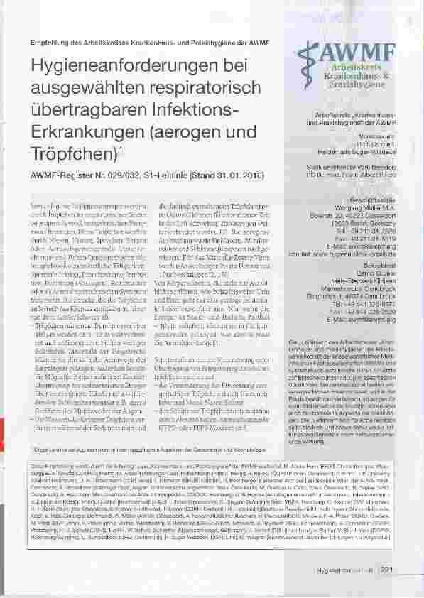 Vorschauseite 1: Hygieneanforderungen bei ausgewählten respiratorisch übertragbaren Infektions-Erkrankungen (aerogen und Tröpfchen)