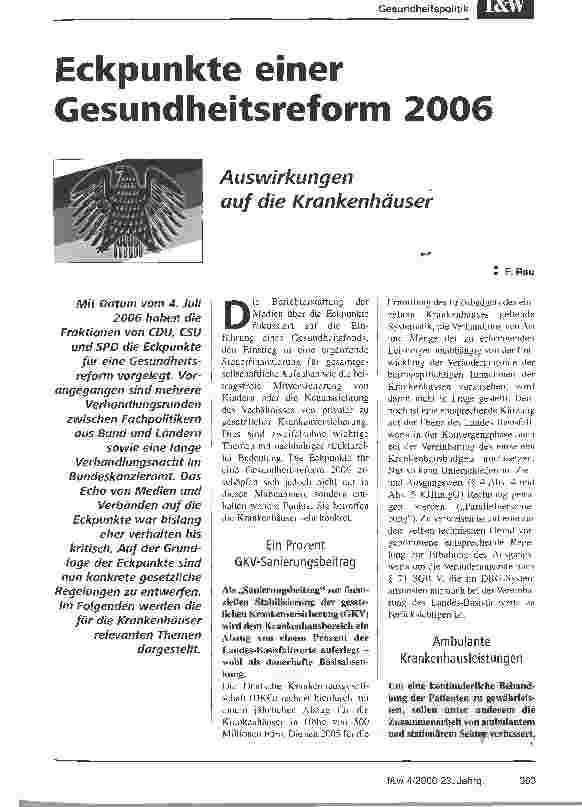 Vorschauseite 1: Eckpunkte einer Gesundheitsreform 2006Auswirkungen auf die Krankenhäuser