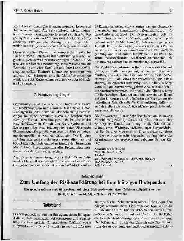 Vorschauseite 1: Zum Umfang der Risikoaufklärung bei fremdnützigen Blutspenden