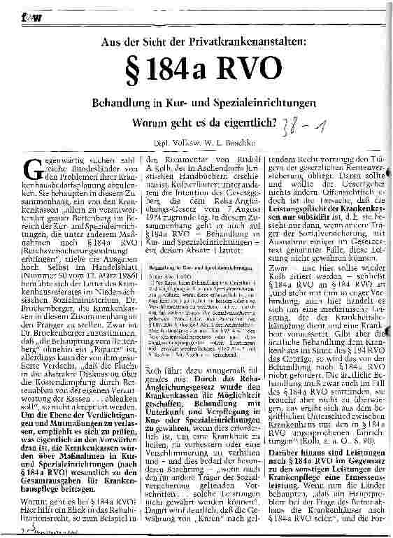 Vorschauseite 1: Aus der Sicht der Privatkrankenanstalten: Paragraph 184 a RVO Behandlung in Kurund Spezialeinrichtungen