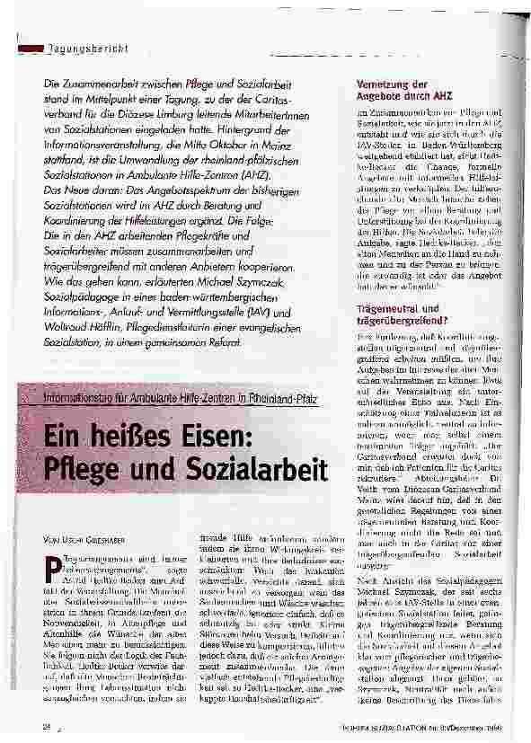 Vorschauseite 1: Ein heißes Eisen: Pflege und Sozialarbeit Informationstagung für Ambulante Hilfe-Zentren in Rheinland-Pfalz
