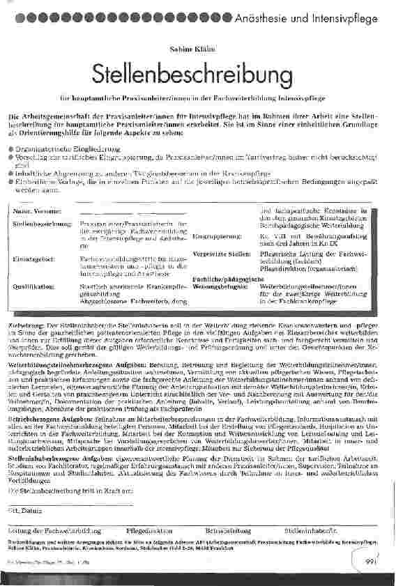 Vorschauseite 1: Stellenbeschreibung für hauptamtliche Praxisanleiter/innen in der Fachweiterbildung Intensivpflege