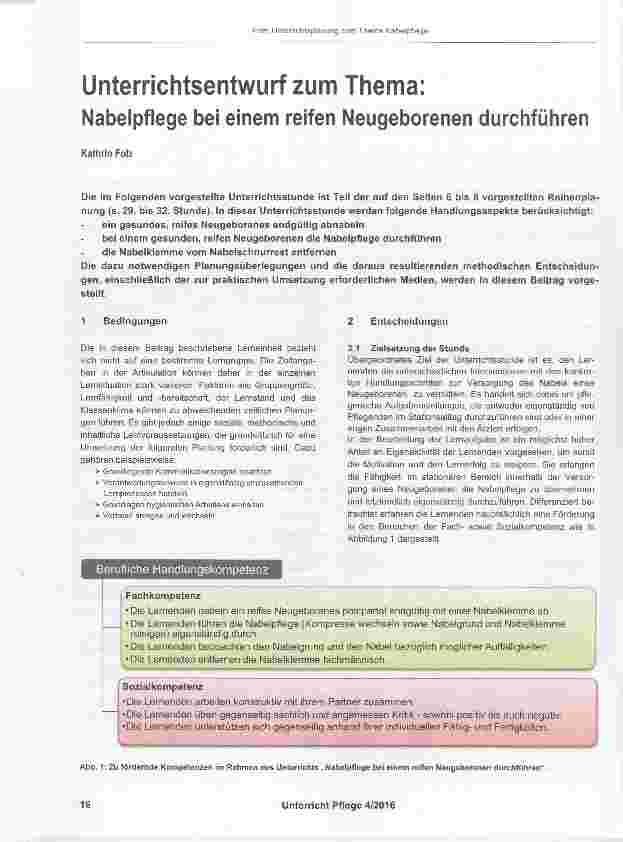 Vorschauseite 1: Unterrichtsentwurf zum Thema: Nabelpflege bei einem reifen Neugeborenen durchführen