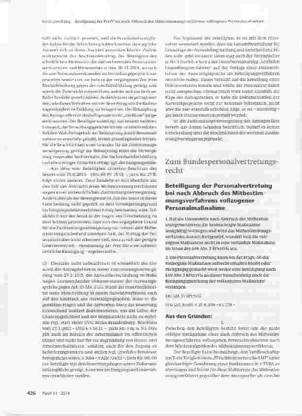 Vorschauseite 1: Beteiligung der Personalvertretung bei nach Abbruch des Mitbestimmungsverfahrens vollzogener Personalmaßnahme