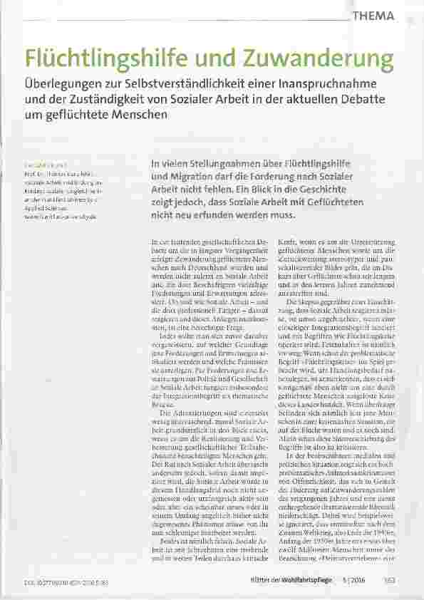 Vorschauseite 1: Flüchtlingshilfe und Zuwanderung Überlegungen zur Selbstverständlichkeit einer Inanspruchnahme und der Zuständigkeit von Sozialer Arbeit in der aktuellen Debatte um geflüchtete Me…
