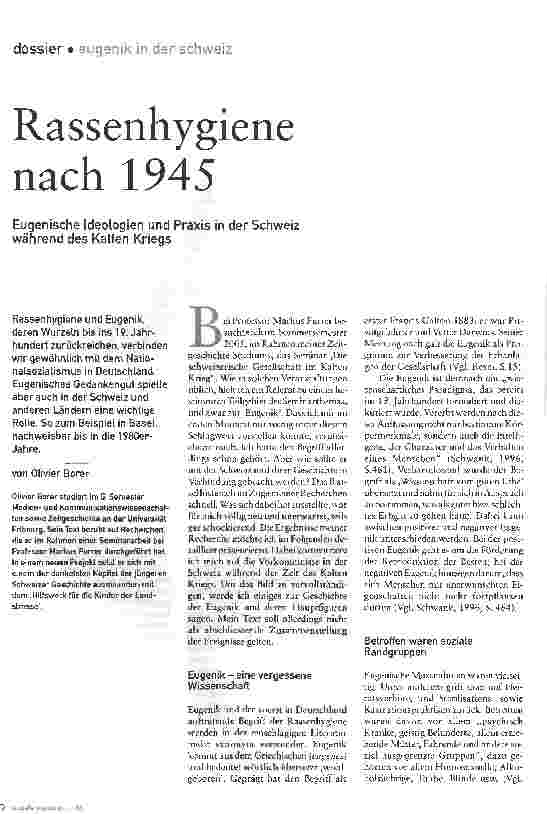 Vorschauseite 1: Rassenhygiene nach 1945Eugenische Ideologien und Praxis in der Schweiz während des Kalten Kriegs