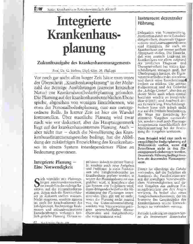Vorschauseite 1: Integrierte Krankenhausplanung Zukunftsaufgabe des Krankenhausmanagements