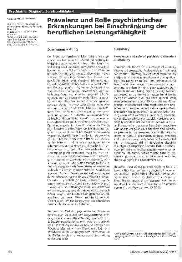 Vorschauseite 1: Prävalenz und Rolle psychiatrischer Erkrankungen bei Einschränkung der beruflichen Leistungsfähigkeit