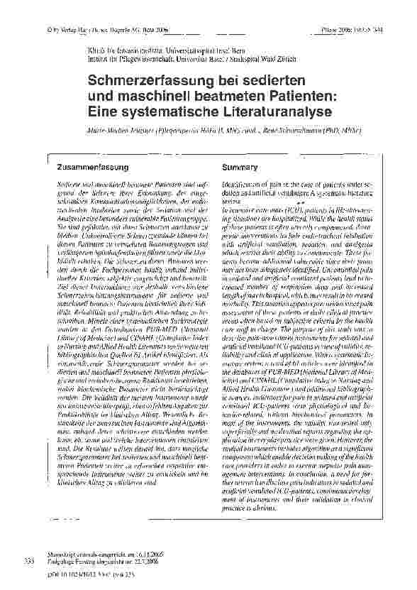 Vorschauseite 1: Schmerzerfassung bei sedierten und maschinell beatmeten Patienten: Eine systematische Literaturanalyse