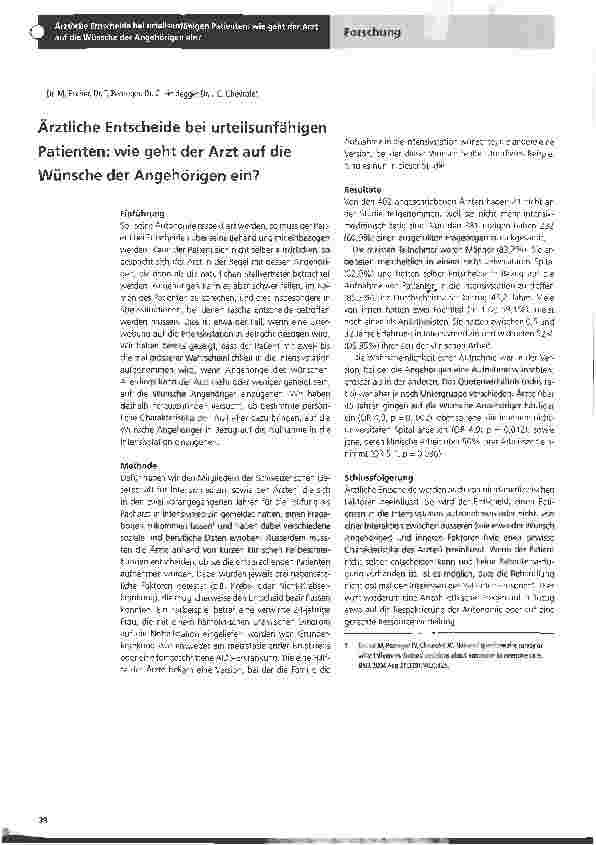 Vorschauseite 1: Ärztliche Entscheide bei urteilsunfähigen Patienten: wie geht der Arzt auf die Wünsche der Angehörigen ein?