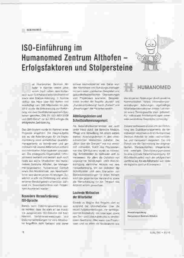 Vorschauseite 1: ISO-Eínführung im Humanomed Zentrum Althofen Erfolgsfaktoren und Stolpersteine
