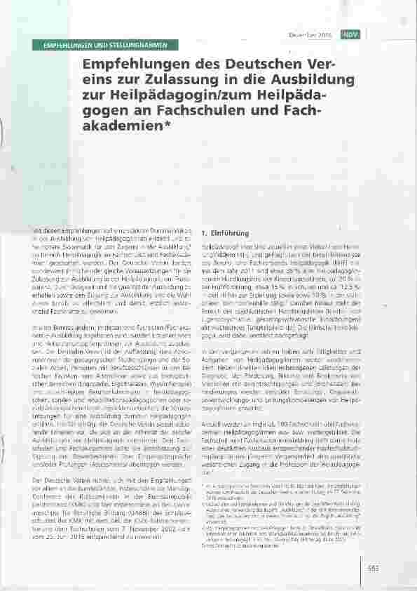 Vorschauseite 1: Empfehlungen des Deutschen Vereins zur Zulassung in die Ausbildung zur Heilpädagogin zum Heilpädagogen an Fachschulen und Fachakademien
