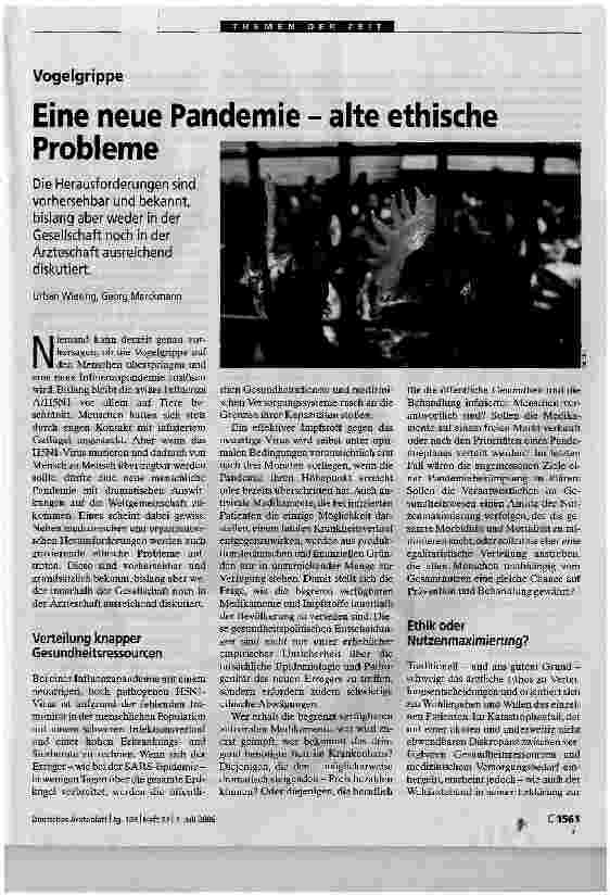 Vorschauseite 1: VogelgrippeEine neue Pandemie - alte ethische Probleme