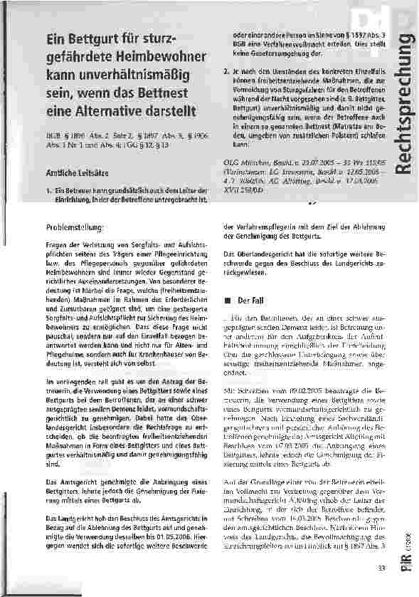 Vorschauseite 1: Ein Bettgurt für sturzgefährdete Heimbewohner kann unverhältnismäßig sein, wenn das Bettnest eine Alternative darstellt