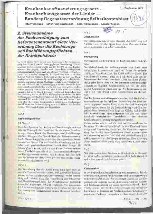Vorschauseite 1: 2. Stellungnahme der Fachvereinigung zum Referentenentwurf einer Verordnung über die Rechnungs-u. Buchführungspflichten der Krankenhäuser