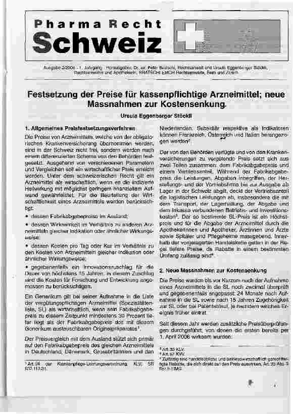 Vorschauseite 1: Festsetzung der Preise für kassenpflichtige Arznei-mittel; neue Massnahmen zur Kostensenkung
