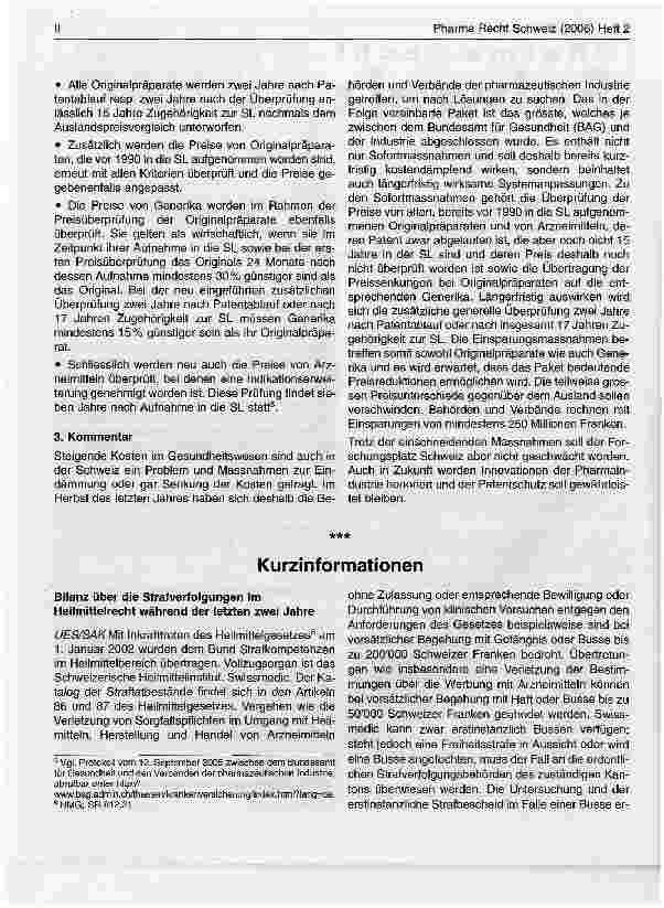 Vorschauseite 2: Festsetzung der Preise für kassenpflichtige Arznei-mittel; neue Massnahmen zur Kostensenkung