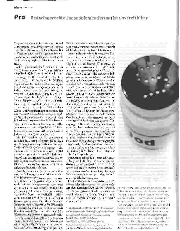 Vorschauseite 1: PrO Bedarfsgerechte Jodsupplementierung ist unverzichtbarKontra (Noch) mehr Jod für Schwangere?
