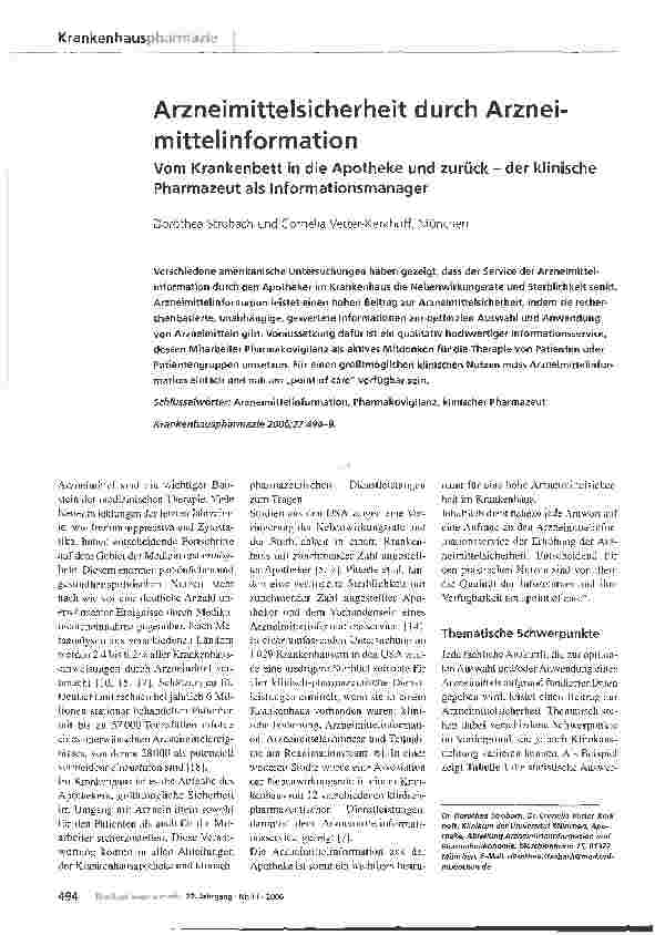 Vorschauseite 1: Arzneimittelsicherheit durch ArzneimittelinformationVom Krankenbett in die Apotheke und zurück - der klinische Pharmazeut als Informationsmanager