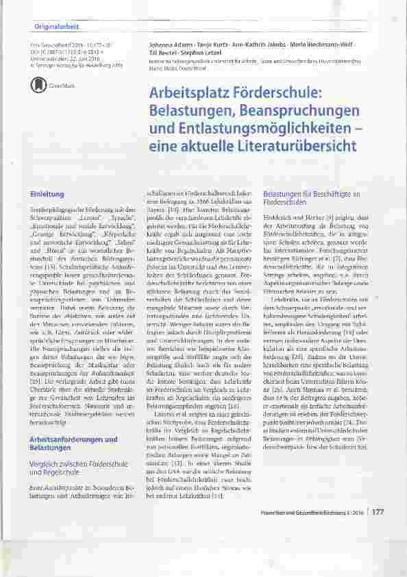 Vorschauseite 1: Arbeitsplatz Förderschule: Belastungen, Beanspruchungen und Entlastungsmöglichkeiten eine aktuelle Literaturübersicht