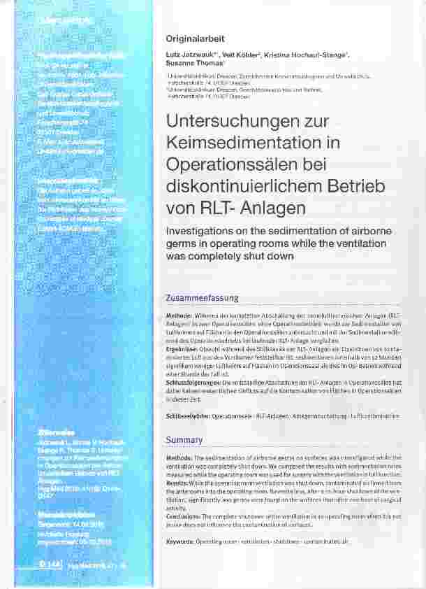 Vorschauseite 1: Untersuchungen zur Keimsedimentation in Operationssälen bei diskontinuierlichem Betrieb von RLT- Anlagen